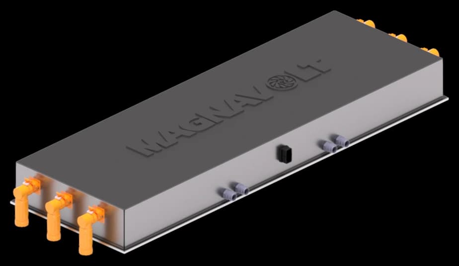 CAD render of a single EPCU conversion module with the MAGNAVOLT lid engraving and three-phase connectors