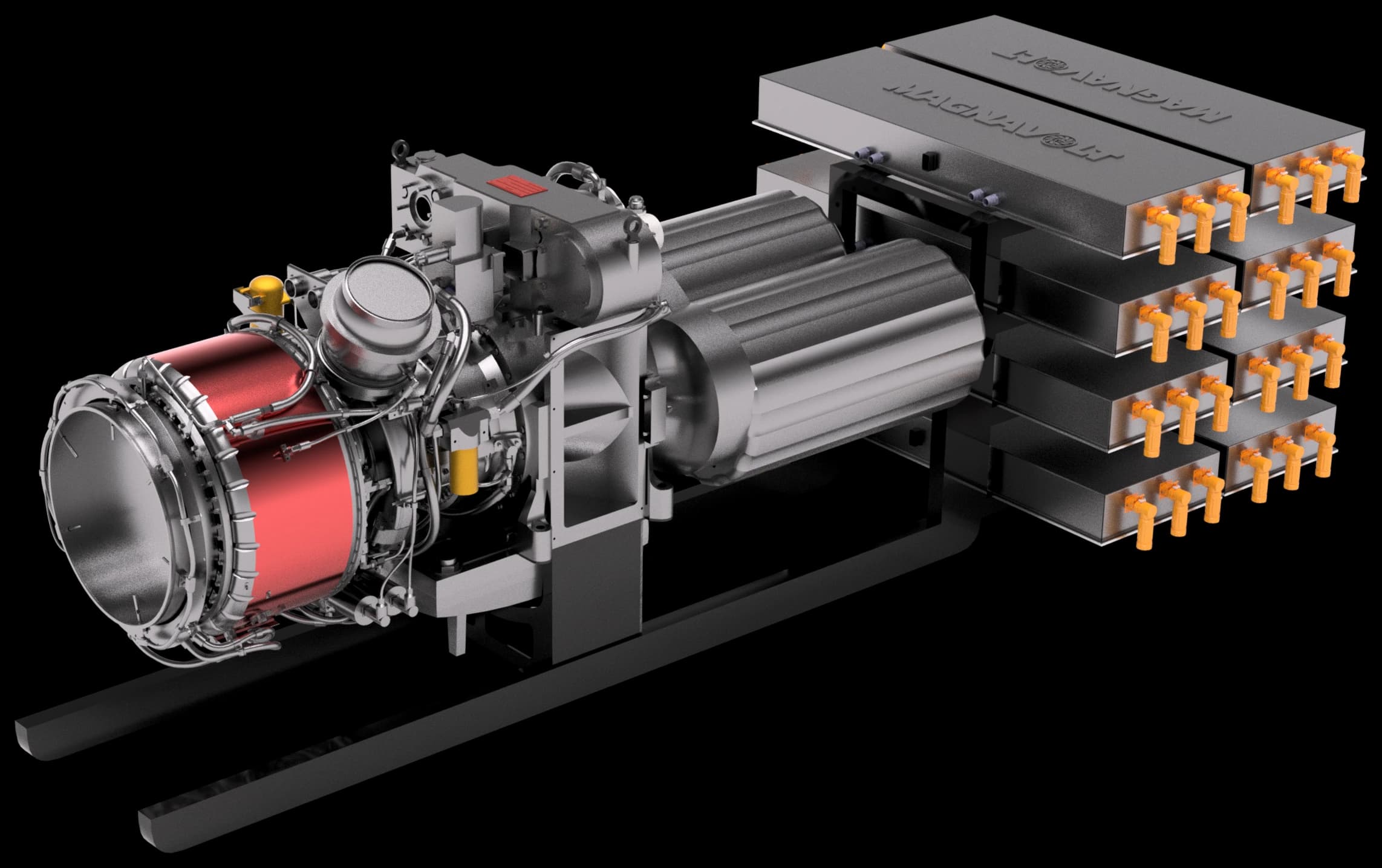 Complete MagnaVolt 3 MW unit on its skid: MAGNA-502 gas turbine, high-speed generators, and eight paralleled EPCU conversion modules